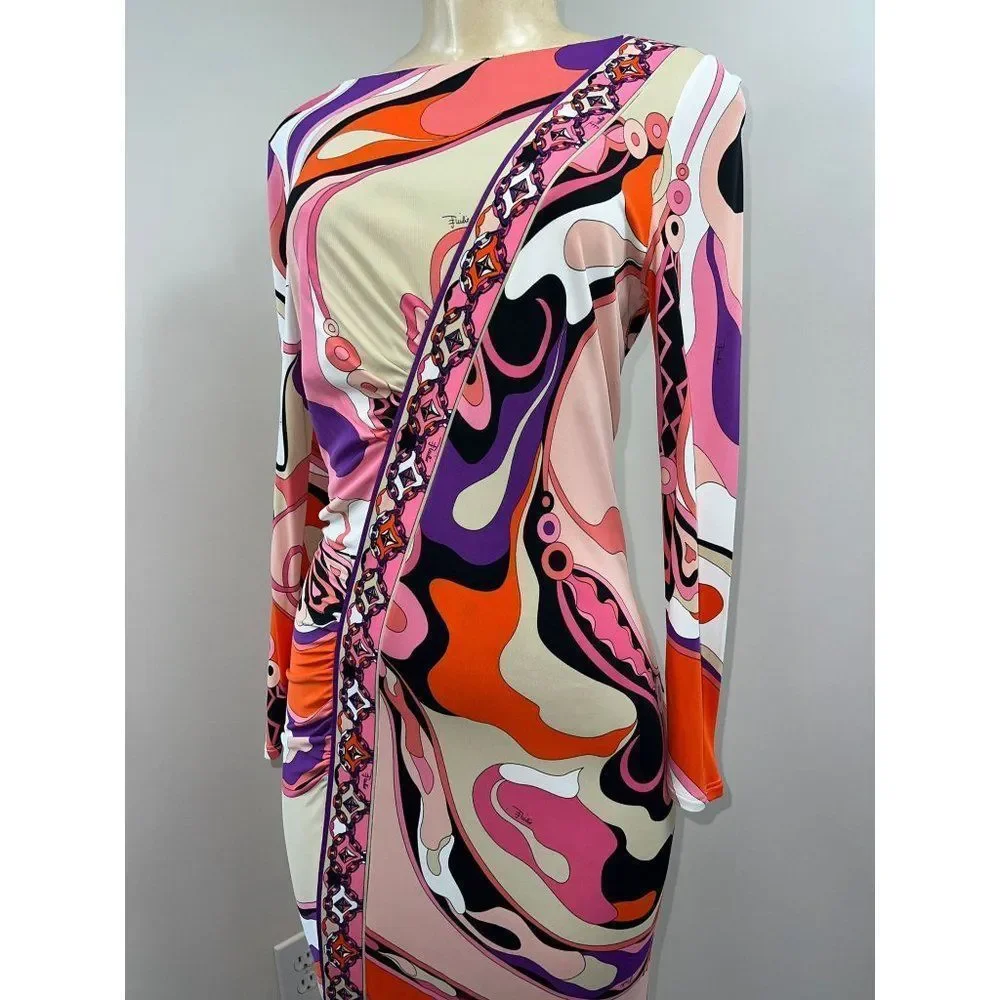 EMILIO PUCCI Pink Abstract Print Long Sleeve Knee Length Jersey Dress Size 10 - Picture 6 of 10